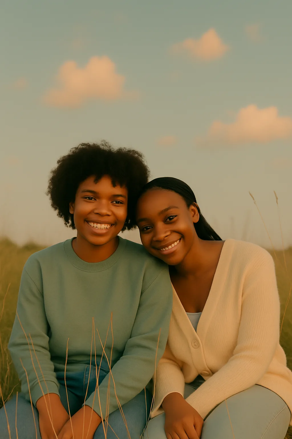 Two Black women sitting together outdoors under a calm dusk sky.